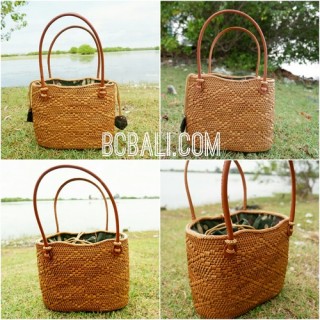 unique ethnic tote bag purse rattan grass handwoven leather handle